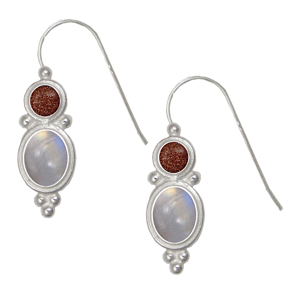 Sterling Silver Drop Dangle Earrings With Rainbow Moonstone And Goldstone